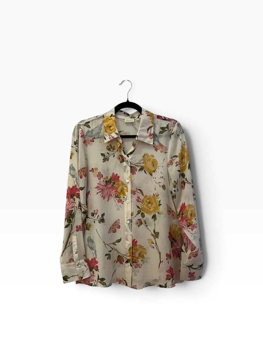 NWOT Spartina 449 100% Silk Floral Bird Print Blouse